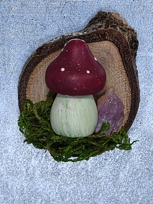 Painted Wooden Mushroom with raw Amethyst