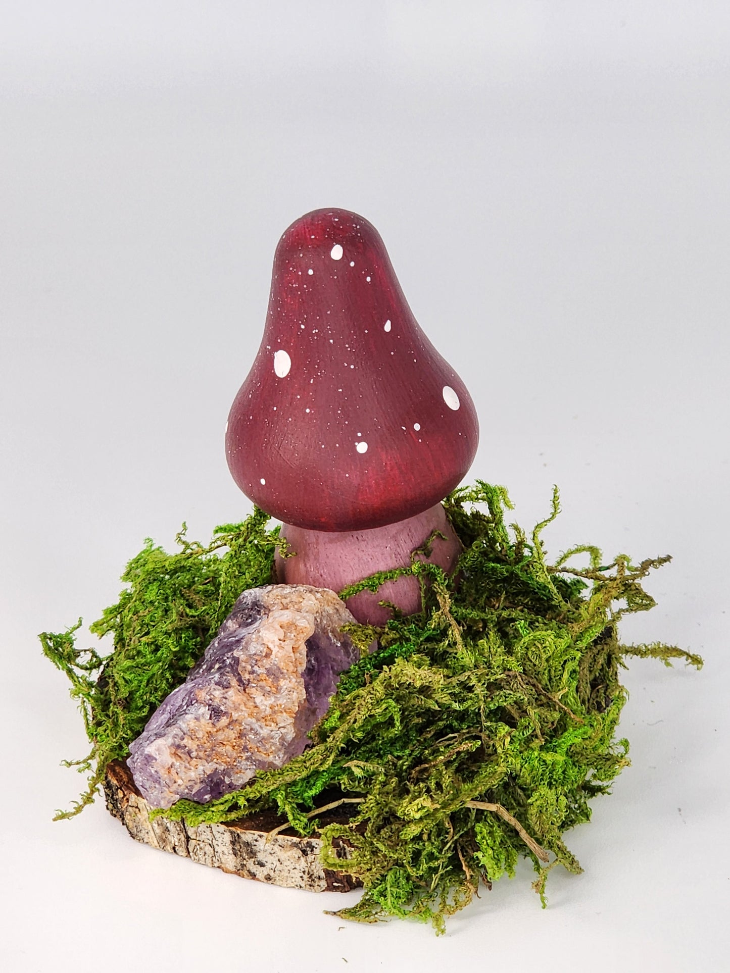 Painted Wooden Mushroom with raw Amethyst