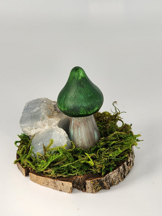 Painted Wooden Mushroom with raw Fluorite