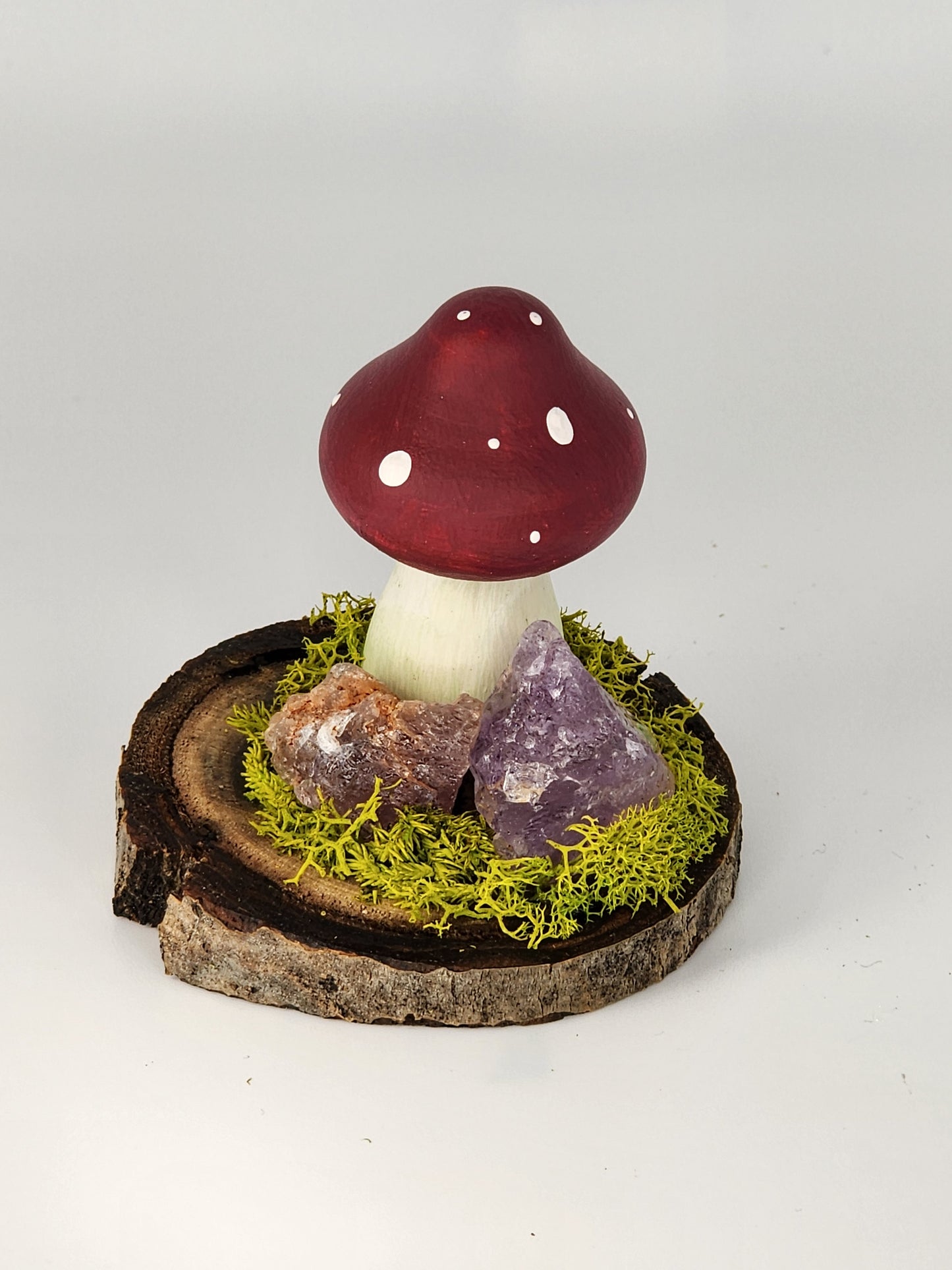 Painted Wooden Mushroom with raw Amethyst