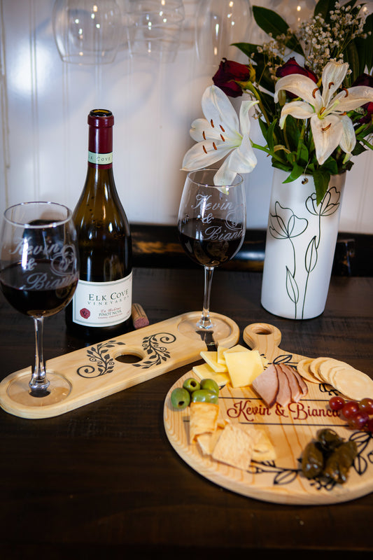 Wedding Charcuterie Set (Wine Glass, Cutting Board, Bottle Holder)